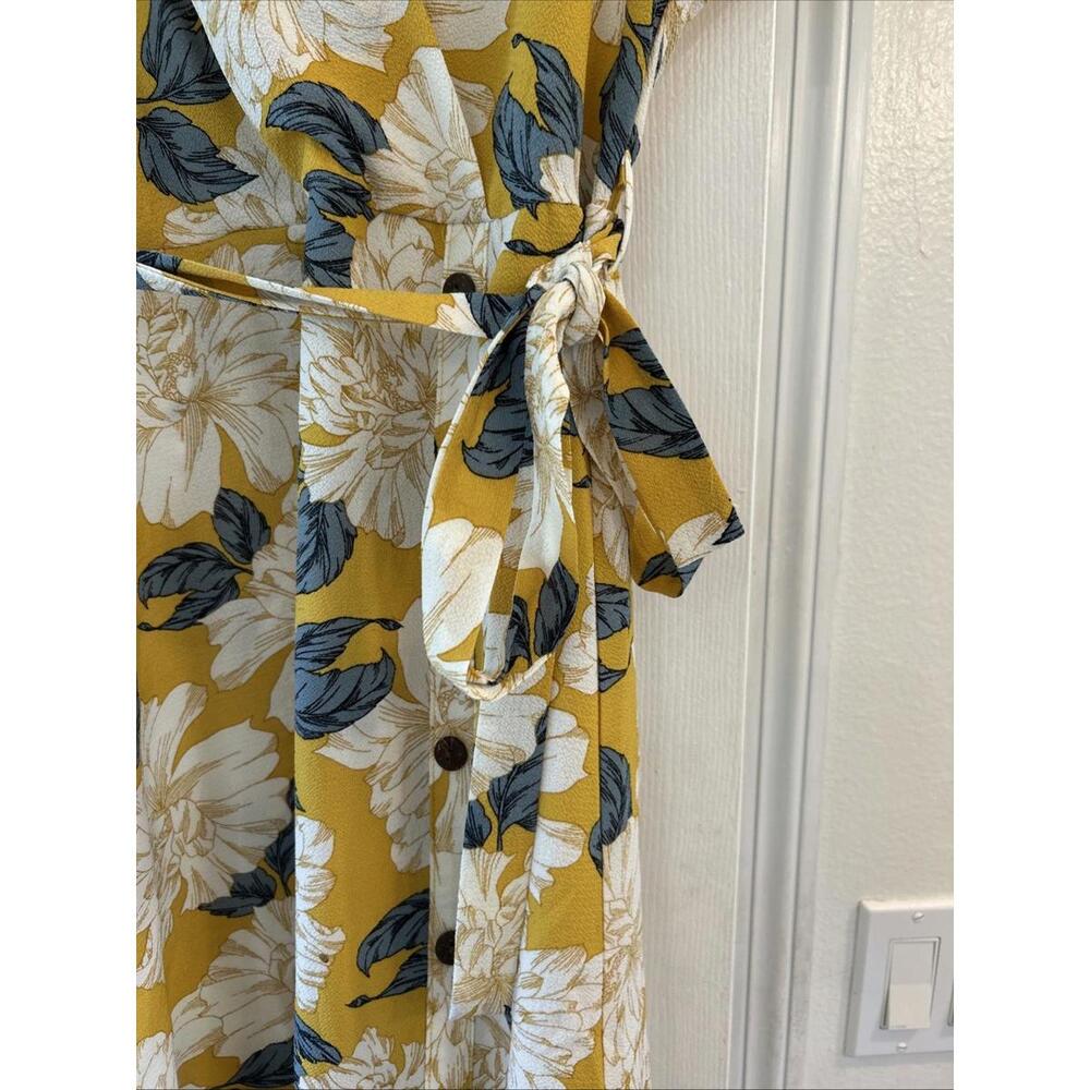 Monteau Wrap Dress Yellow Floral Pleated Drawstring Faux Button Front- Size Lg - Picture 2 of 5